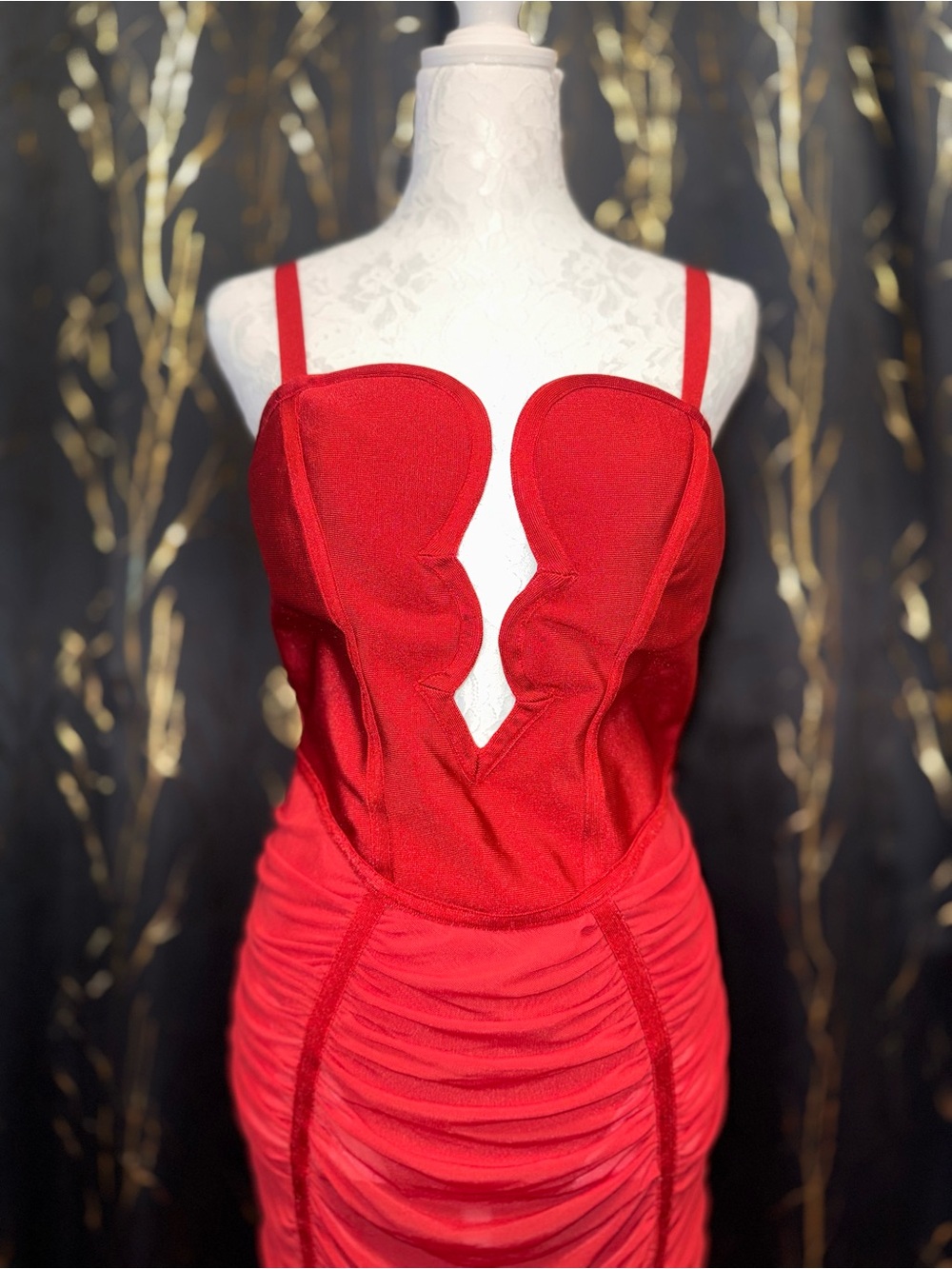 Vibrant Red Ruched Mesh Midi Dress
